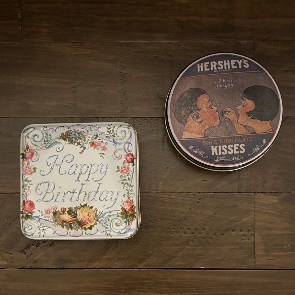 Vintage Hershey's Milk Chocolate Kisses Tin and Floral Happy Birthday Tin